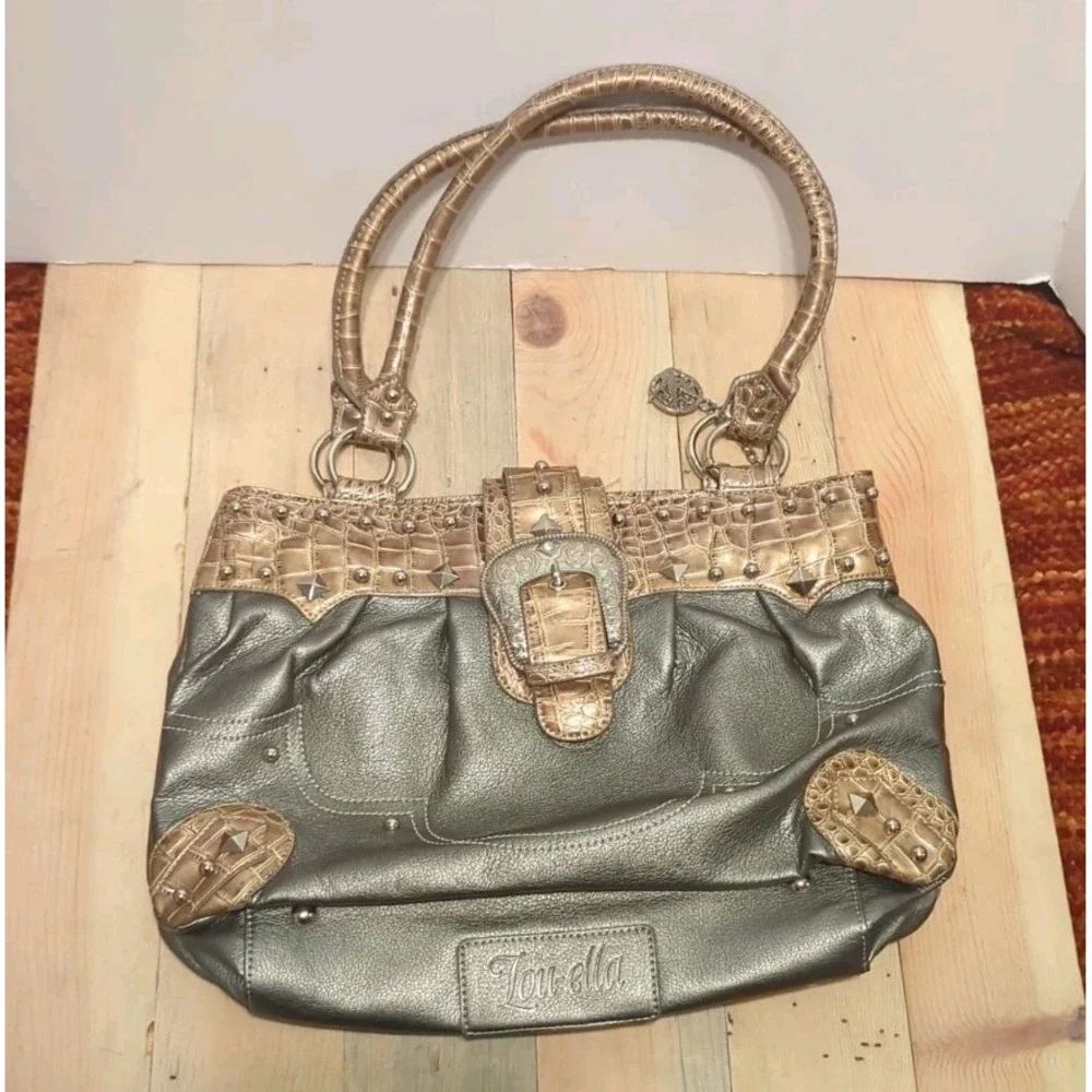 Vtg Y2K Lou-Ella Silver Croc Satchel Bag Studded Buckle Moto Boho slouchy Bling